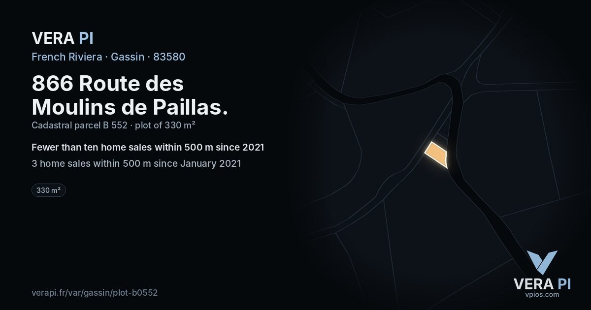 866 Route des Moulins de Paillas, Gassin at night – the plot lit, the parcels around coloured by the prices near them