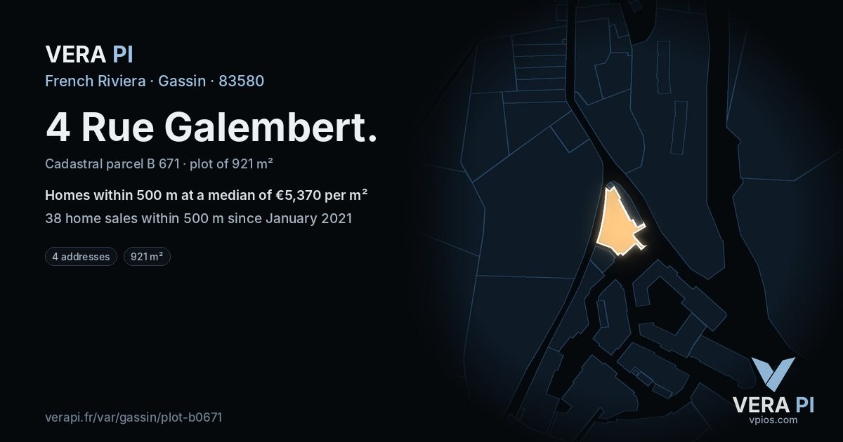 4 Rue Galembert, Gassin at night – the plot lit, the parcels around coloured by the prices near them