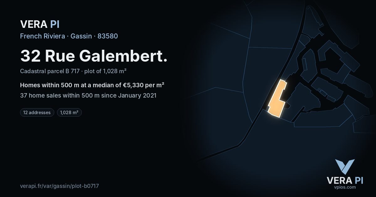 32 Rue Galembert, Gassin at night – the plot lit, the parcels around coloured by the prices near them