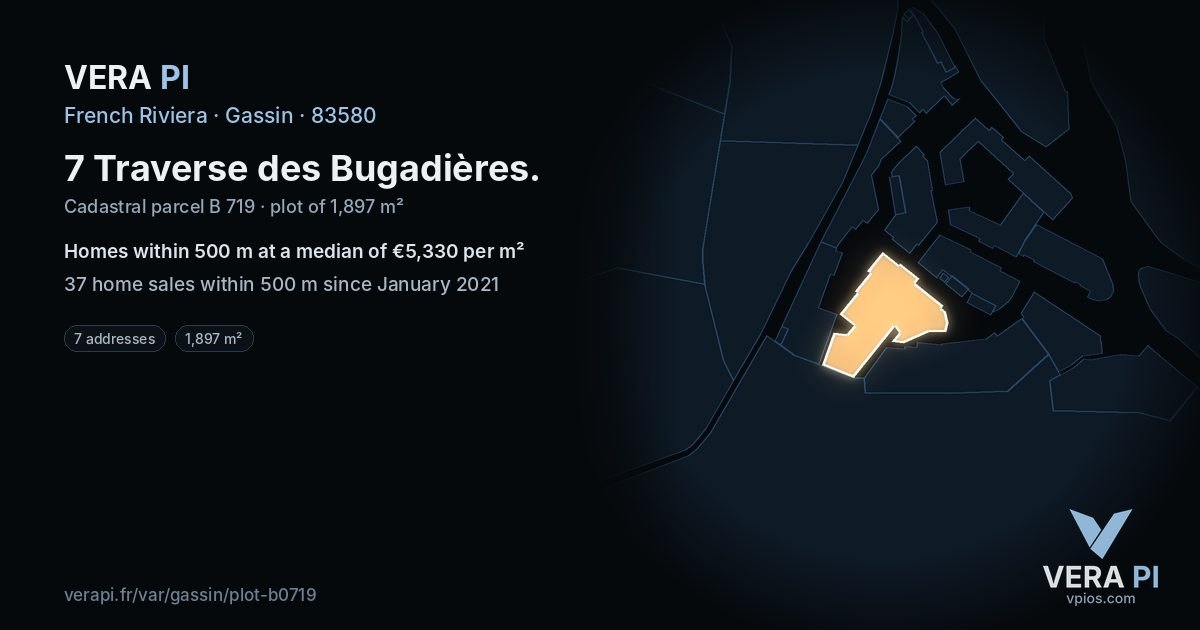 7 Traverse des Bugadières, Gassin at night – the plot lit, the parcels around coloured by the prices near them