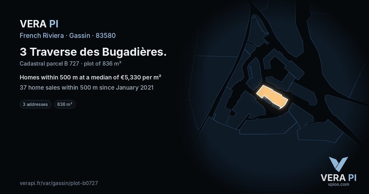 3 Traverse des Bugadières, Gassin at night – the plot lit, the parcels around coloured by the prices near them