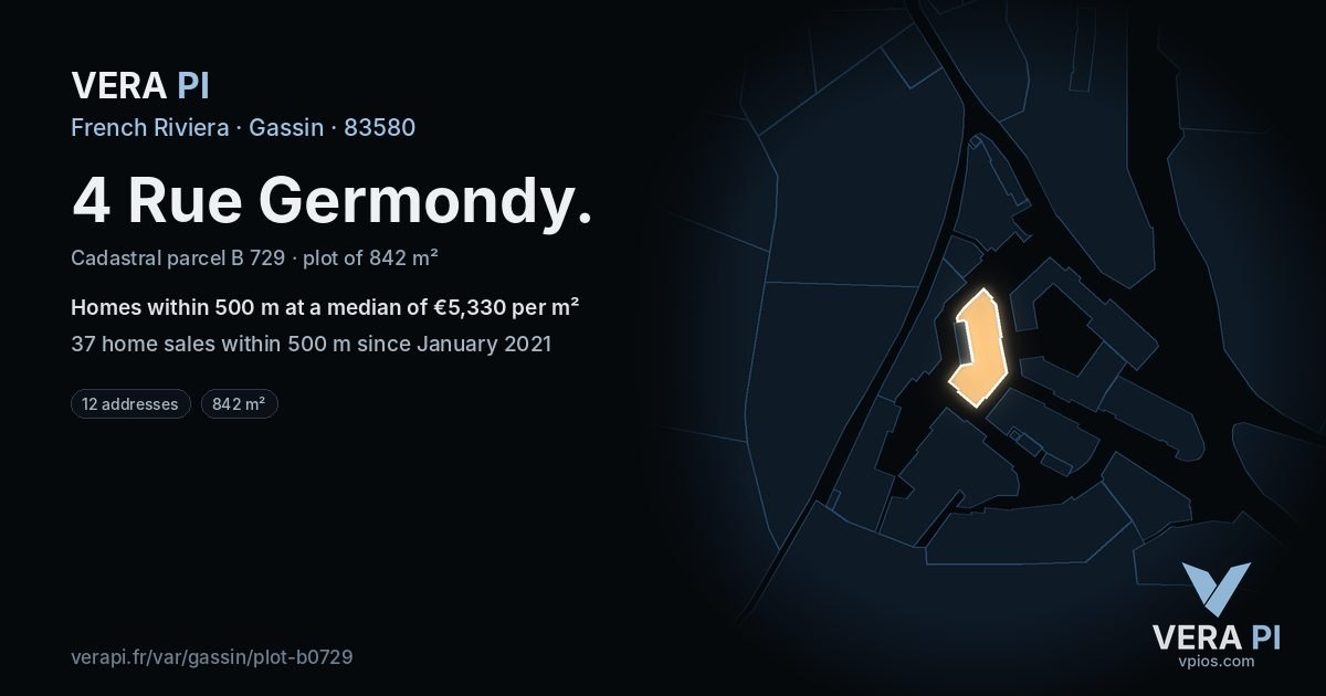 4 Rue Germondy, Gassin at night – the plot lit, the parcels around coloured by the prices near them