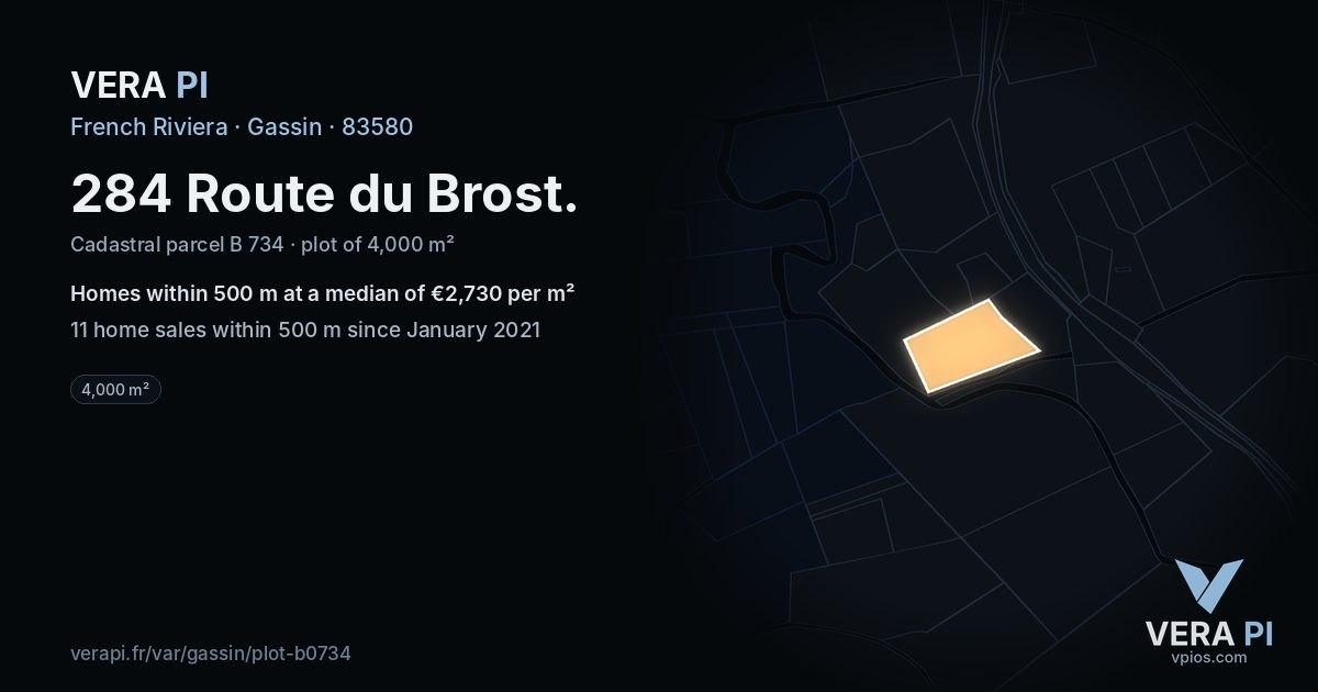 284 Route du Brost, Gassin at night – the plot lit, the parcels around coloured by the prices near them