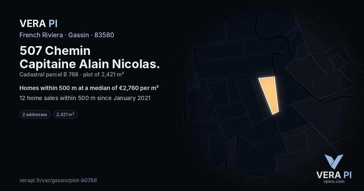507 Chemin Capitaine Alain Nicolas, Gassin at night – the plot lit, the parcels around coloured by the prices near them