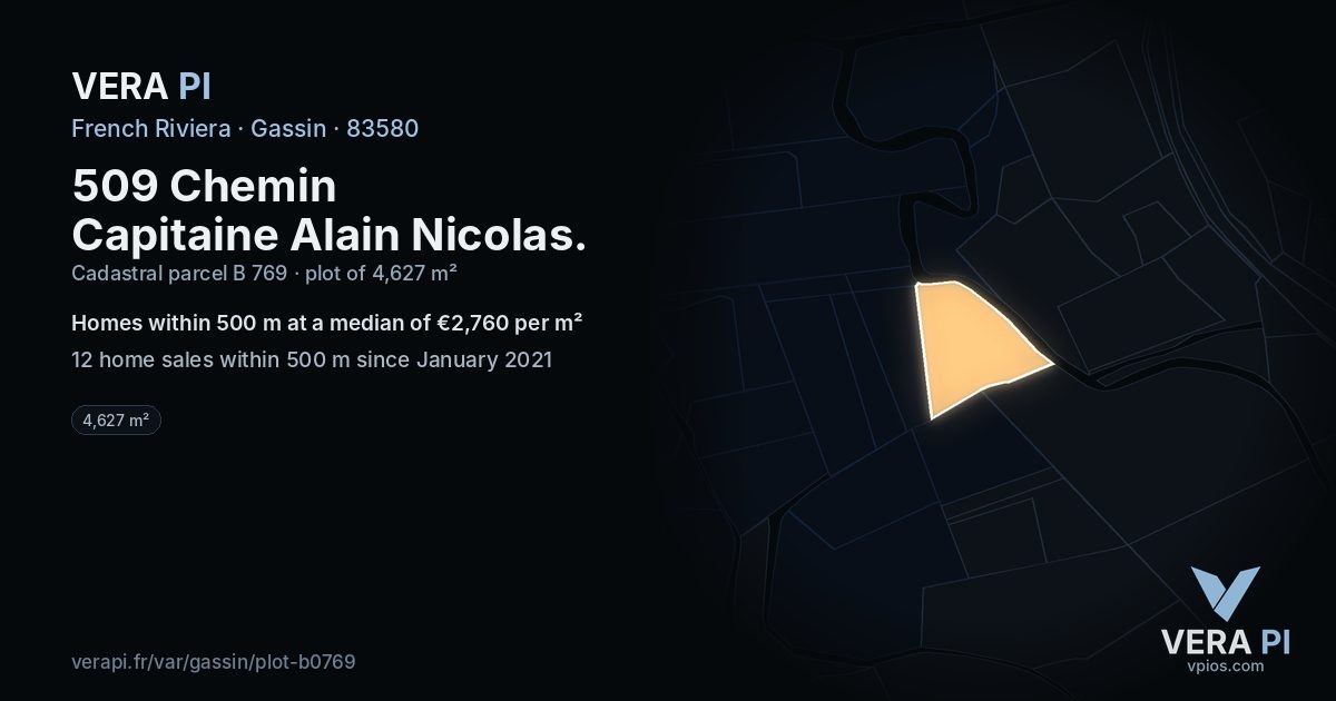509 Chemin Capitaine Alain Nicolas, Gassin at night – the plot lit, the parcels around coloured by the prices near them