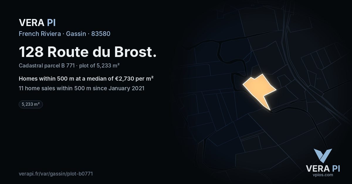 128 Route du Brost, Gassin at night – the plot lit, the parcels around coloured by the prices near them