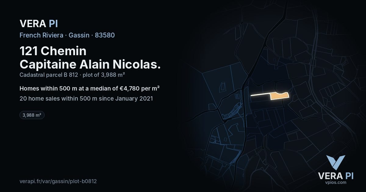 121 Chemin Capitaine Alain Nicolas, Gassin at night – the plot lit, the parcels around coloured by the prices near them