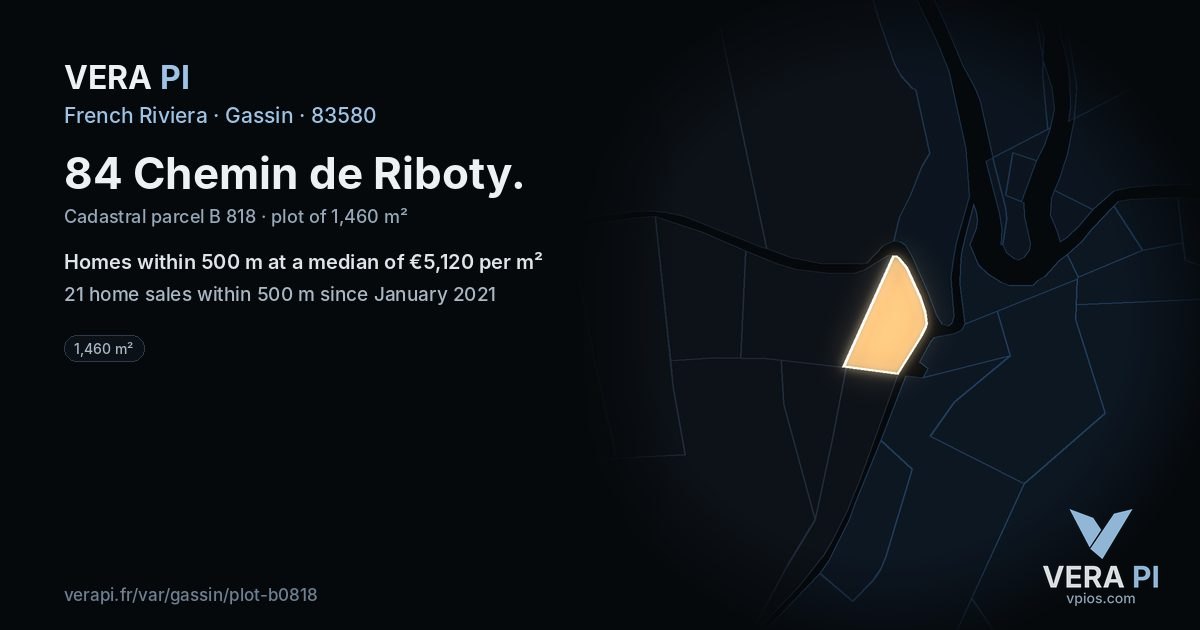 84 Chemin de Riboty, Gassin at night – the plot lit, the parcels around coloured by the prices near them