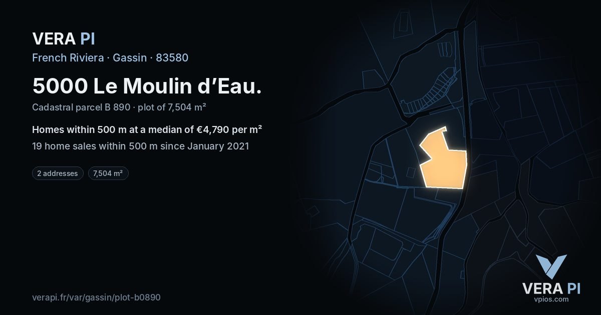 5000 Le Moulin d’Eau, Gassin at night – the plot lit, the parcels around coloured by the prices near them