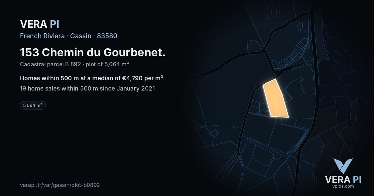 153 Chemin du Gourbenet, Gassin at night – the plot lit, the parcels around coloured by the prices near them