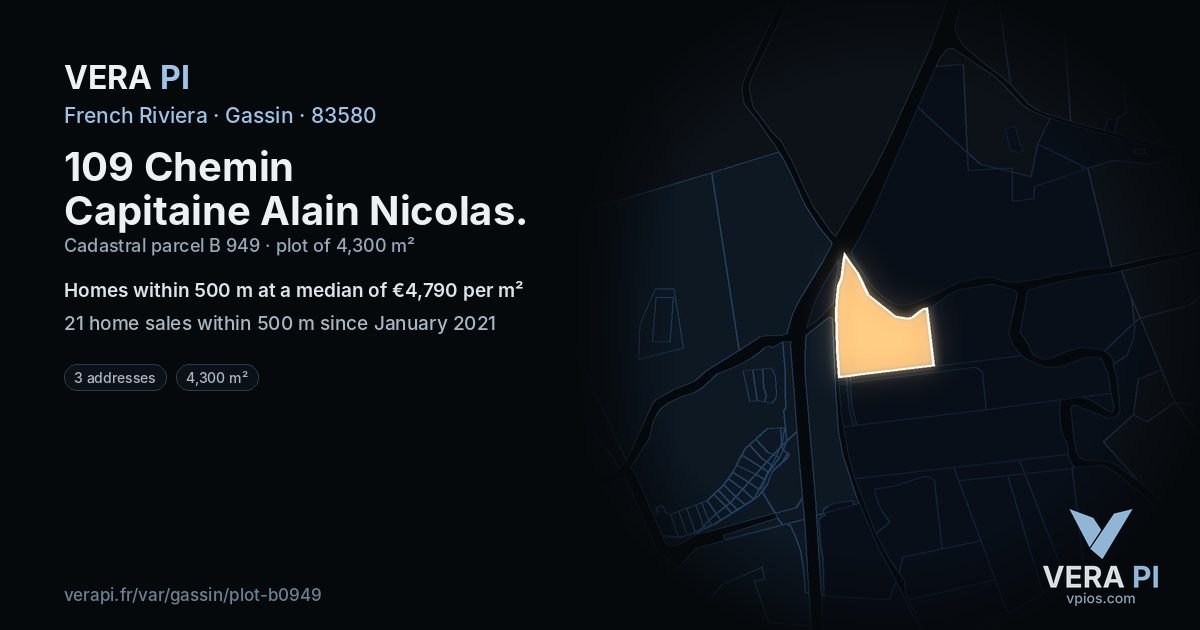 109 Chemin Capitaine Alain Nicolas, Gassin at night – the plot lit, the parcels around coloured by the prices near them