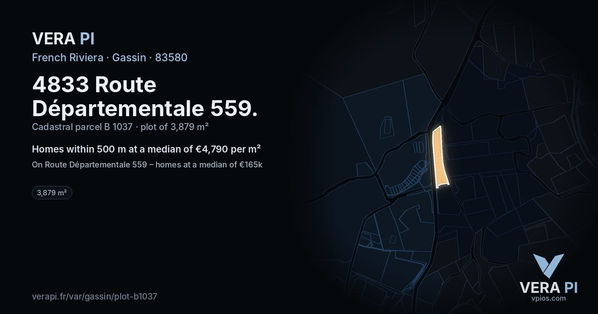 4833 Route Départementale 559, Gassin at night – the plot lit, the parcels around coloured by the prices near them