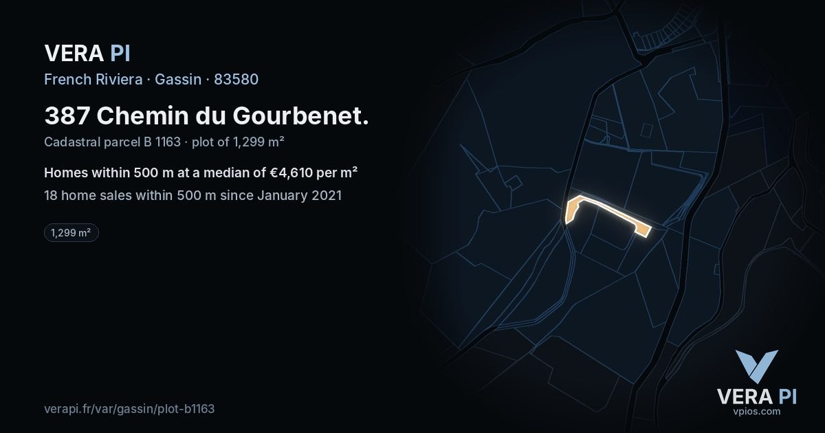 387 Chemin du Gourbenet, Gassin at night – the plot lit, the parcels around coloured by the prices near them