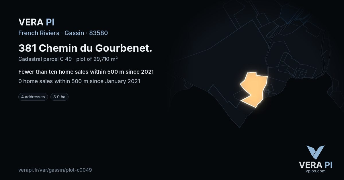 381 Chemin du Gourbenet, Gassin at night – the plot lit, the parcels around coloured by the prices near them
