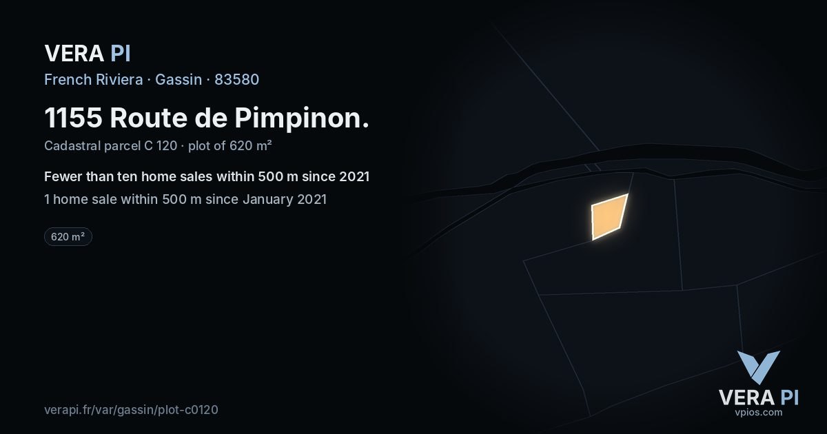 1155 Route de Pimpinon, Gassin at night – the plot lit, the parcels around coloured by the prices near them