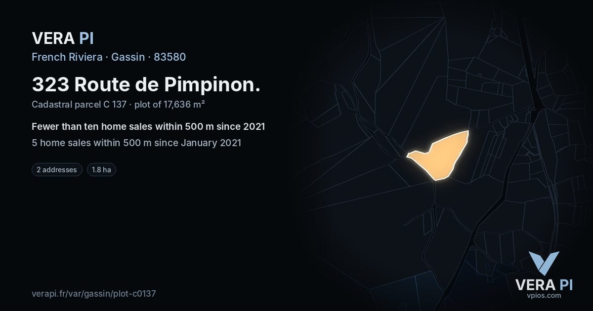 323 Route de Pimpinon, Gassin at night – the plot lit, the parcels around coloured by the prices near them