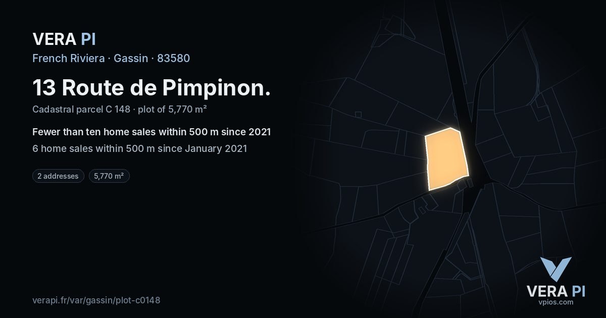 13 Route de Pimpinon, Gassin at night – the plot lit, the parcels around coloured by the prices near them