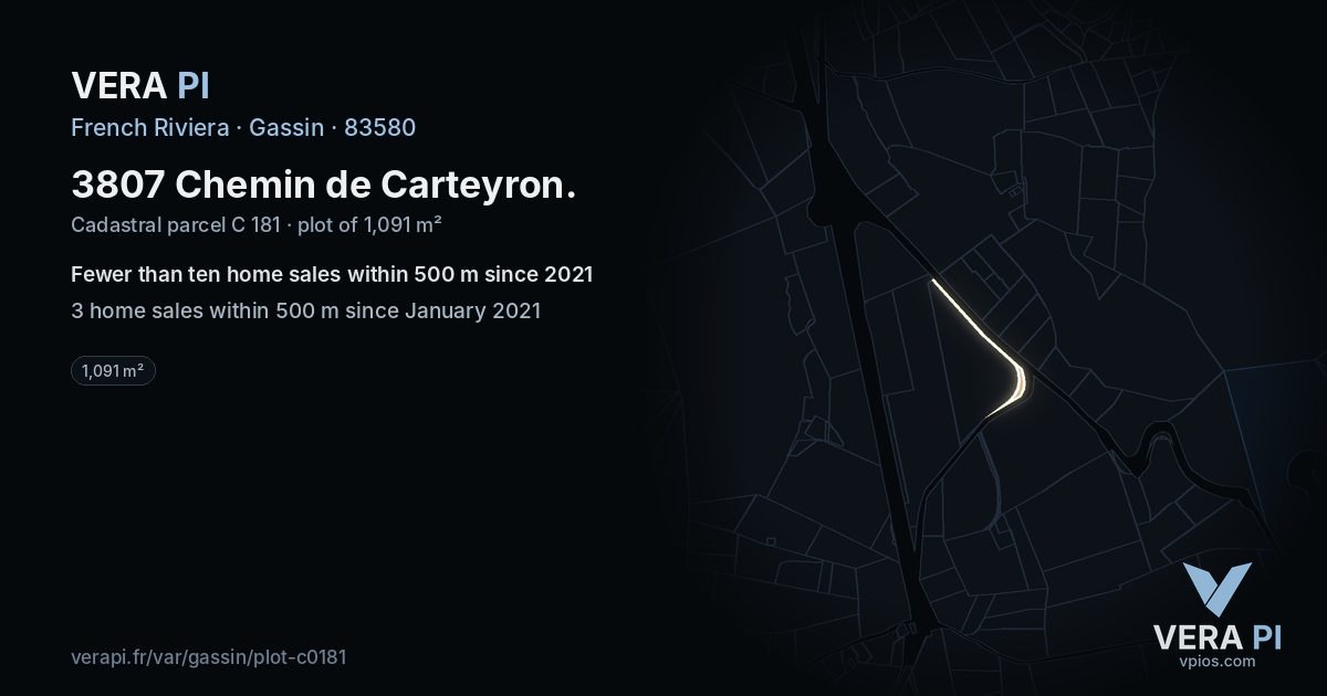 3807 Chemin de Carteyron, Gassin at night – the plot lit, the parcels around coloured by the prices near them