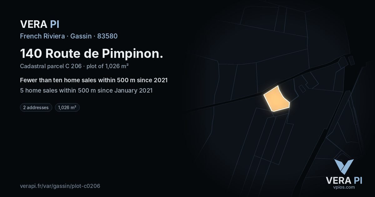 140 Route de Pimpinon, Gassin at night – the plot lit, the parcels around coloured by the prices near them