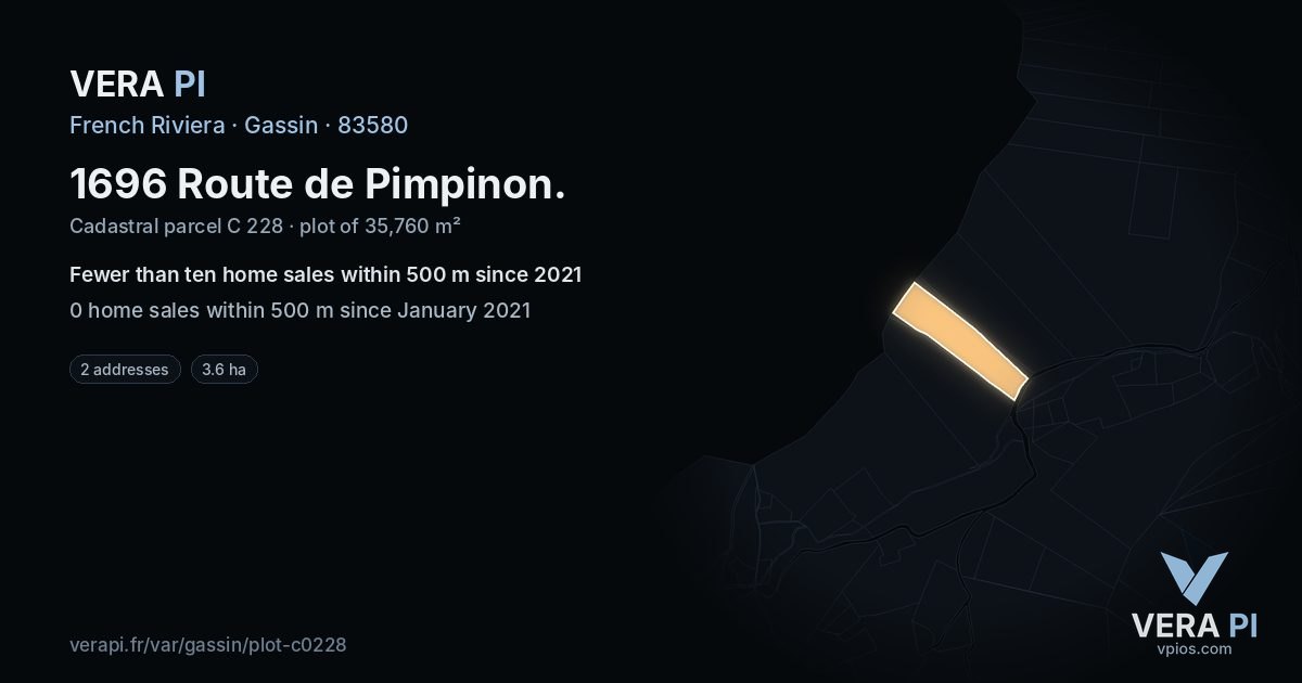1696 Route de Pimpinon, Gassin at night – the plot lit, the parcels around coloured by the prices near them