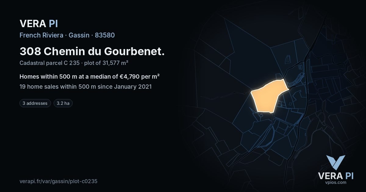 308 Chemin du Gourbenet, Gassin at night – the plot lit, the parcels around coloured by the prices near them