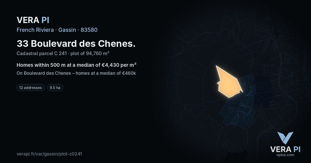 33 Boulevard des Chenes, Gassin at night – the plot lit, the parcels around coloured by the prices near them