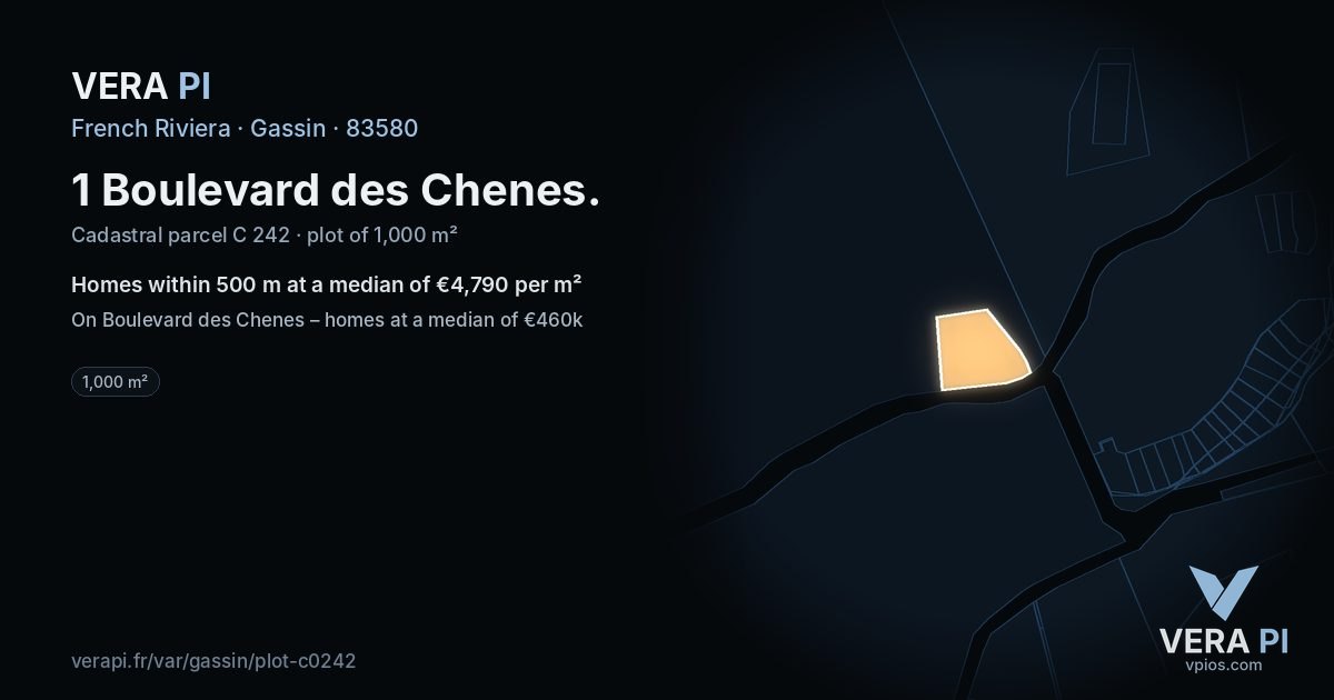 1 Boulevard des Chenes, Gassin at night – the plot lit, the parcels around coloured by the prices near them
