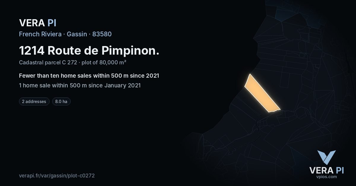 1214 Route de Pimpinon, Gassin at night – the plot lit, the parcels around coloured by the prices near them