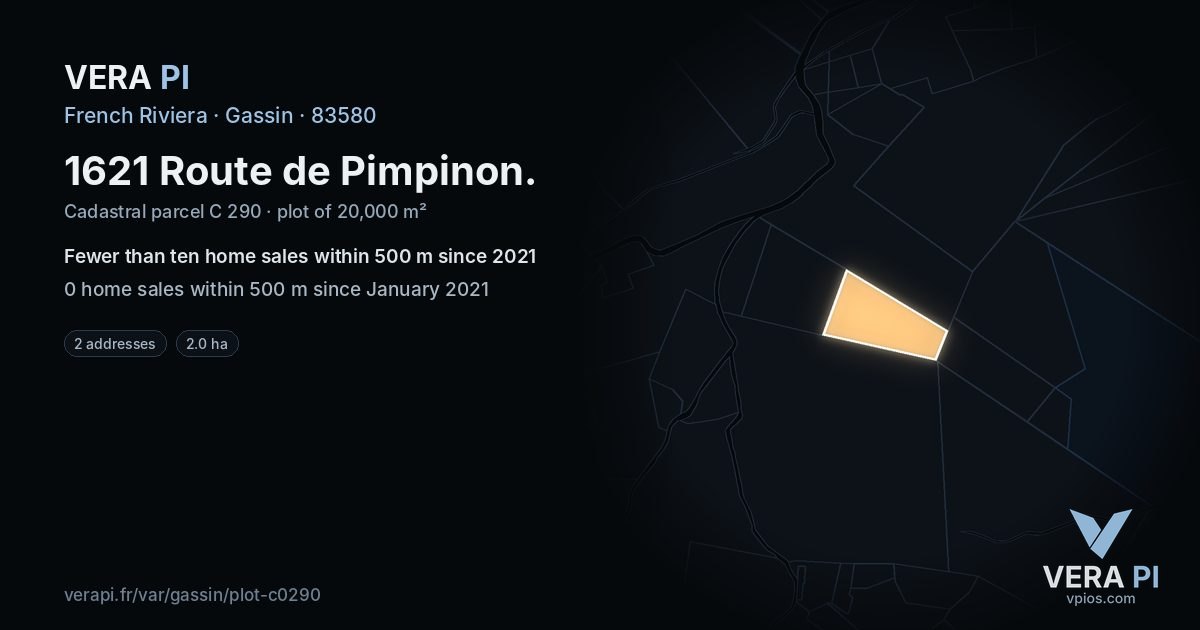 1621 Route de Pimpinon, Gassin at night – the plot lit, the parcels around coloured by the prices near them