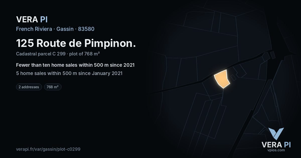 125 Route de Pimpinon, Gassin at night – the plot lit, the parcels around coloured by the prices near them
