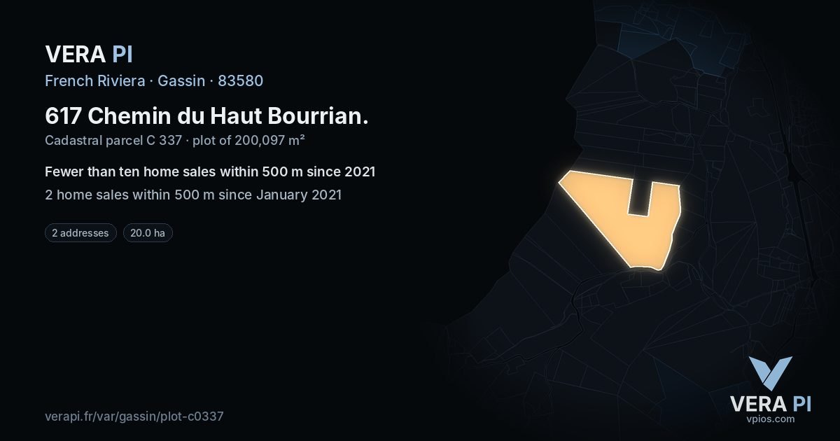 617 Chemin du Haut Bourrian, Gassin at night – the plot lit, the parcels around coloured by the prices near them