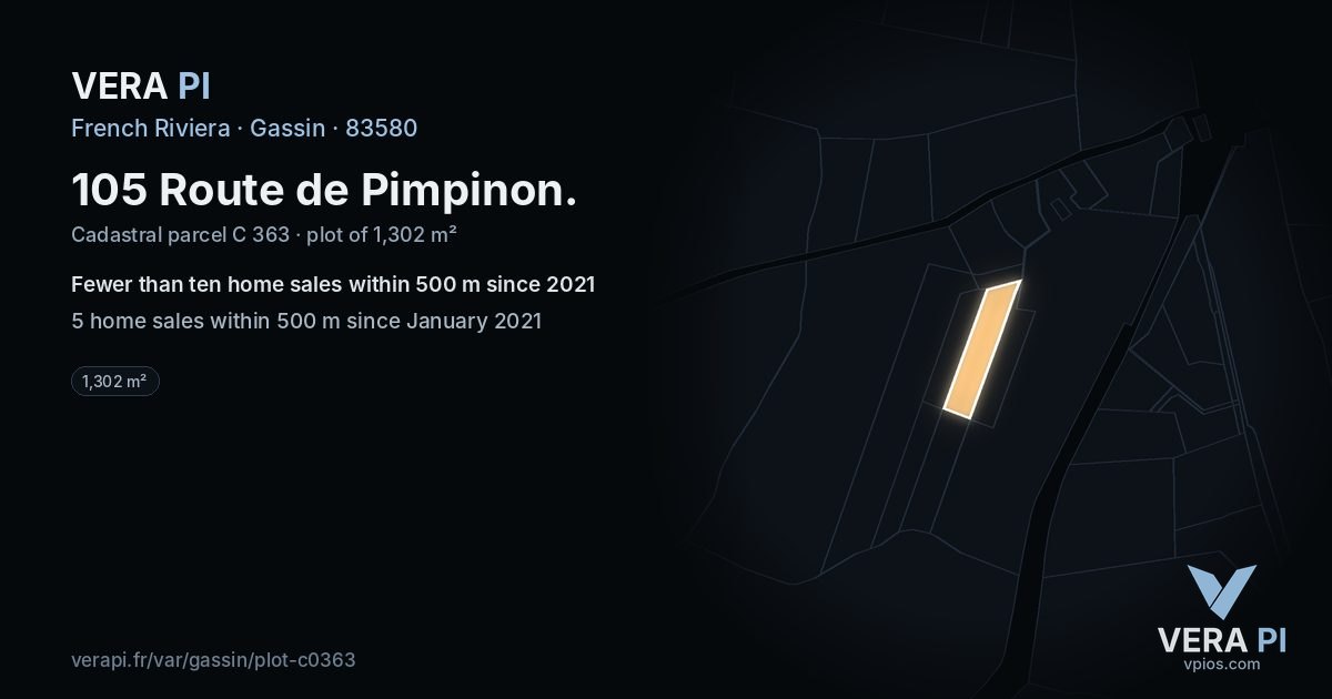 105 Route de Pimpinon, Gassin at night – the plot lit, the parcels around coloured by the prices near them