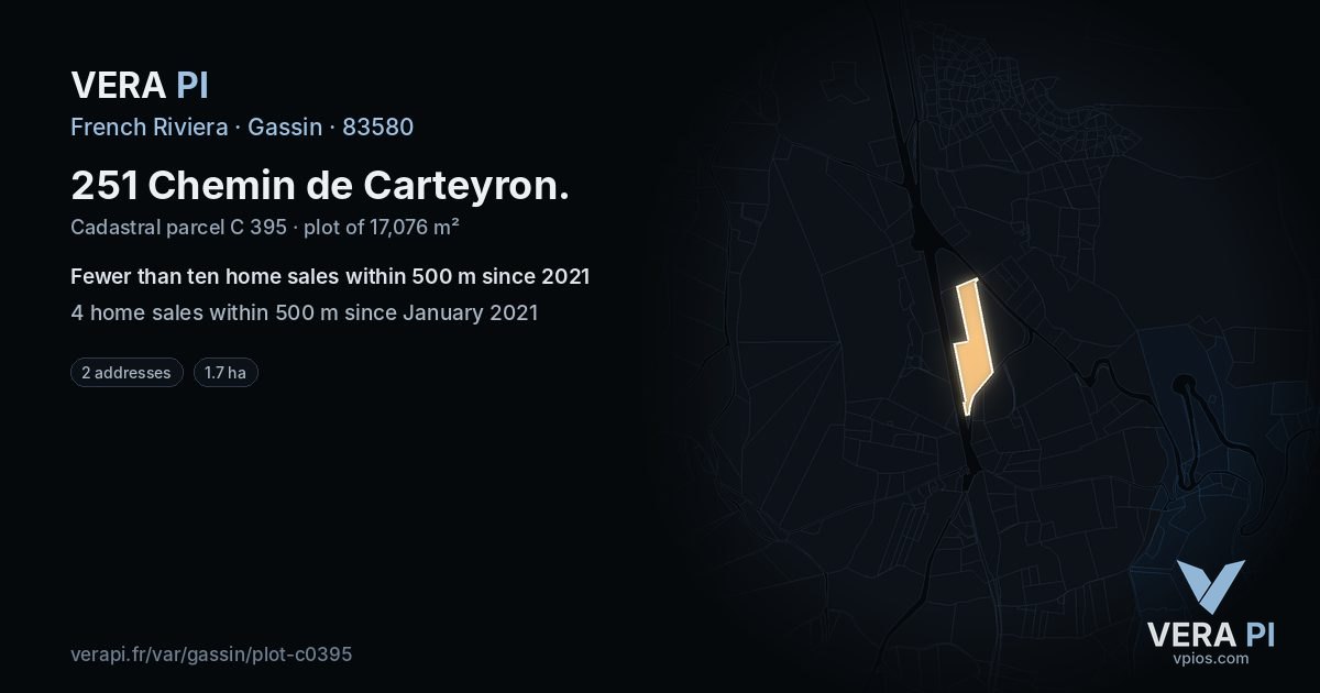 251 Chemin de Carteyron, Gassin at night – the plot lit, the parcels around coloured by the prices near them