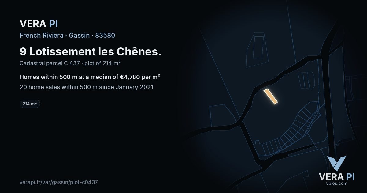 9 Lotissement les Chênes, Gassin at night – the plot lit, the parcels around coloured by the prices near them