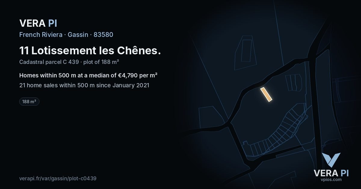 11 Lotissement les Chênes, Gassin at night – the plot lit, the parcels around coloured by the prices near them