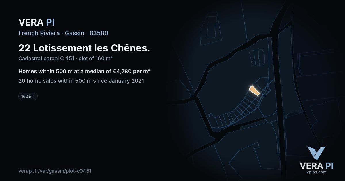22 Lotissement les Chênes, Gassin at night – the plot lit, the parcels around coloured by the prices near them