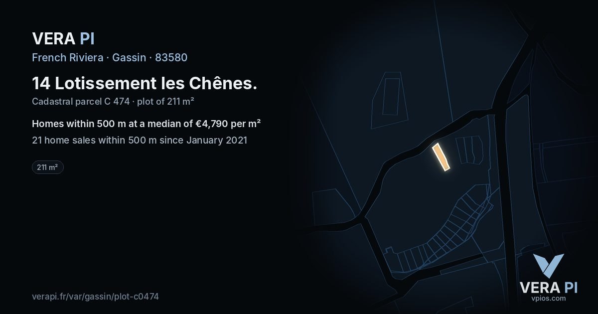 14 Lotissement les Chênes, Gassin at night – the plot lit, the parcels around coloured by the prices near them