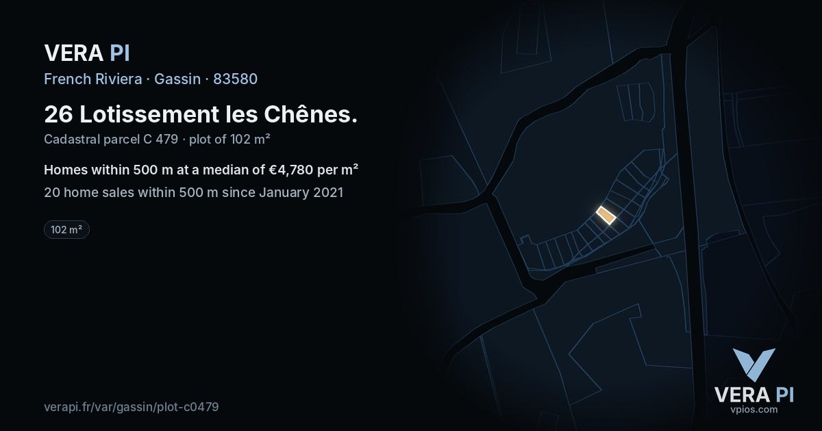 26 Lotissement les Chênes, Gassin at night – the plot lit, the parcels around coloured by the prices near them