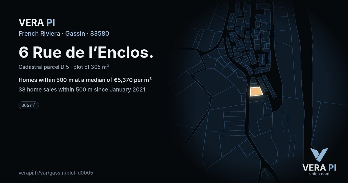 6 Rue de l’Enclos, Gassin at night – the plot lit, the parcels around coloured by the prices near them