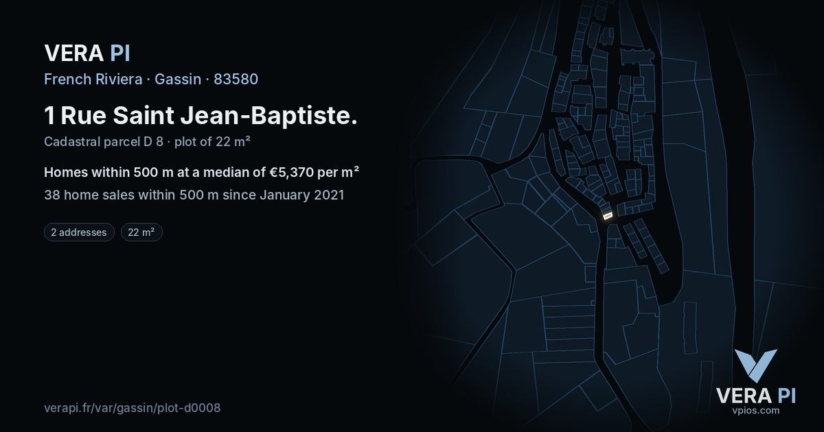 1 Rue Saint Jean-Baptiste, Gassin at night – the plot lit, the parcels around coloured by the prices near them