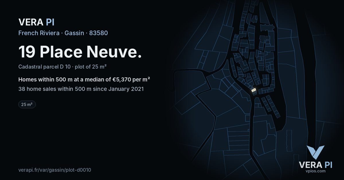 19 Place Neuve, Gassin at night – the plot lit, the parcels around coloured by the prices near them