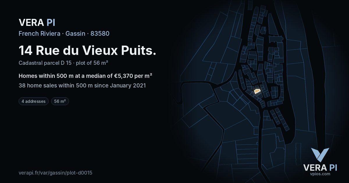 14 Rue du Vieux Puits, Gassin at night – the plot lit, the parcels around coloured by the prices near them