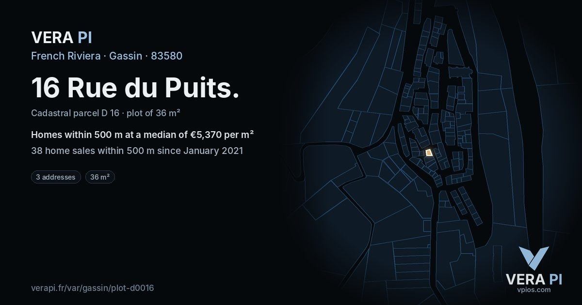16 Rue du Puits, Gassin at night – the plot lit, the parcels around coloured by the prices near them