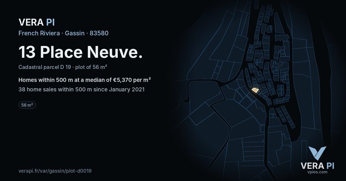 13 Place Neuve, Gassin at night – the plot lit, the parcels around coloured by the prices near them