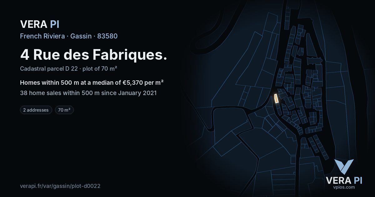 4 Rue des Fabriques, Gassin at night – the plot lit, the parcels around coloured by the prices near them