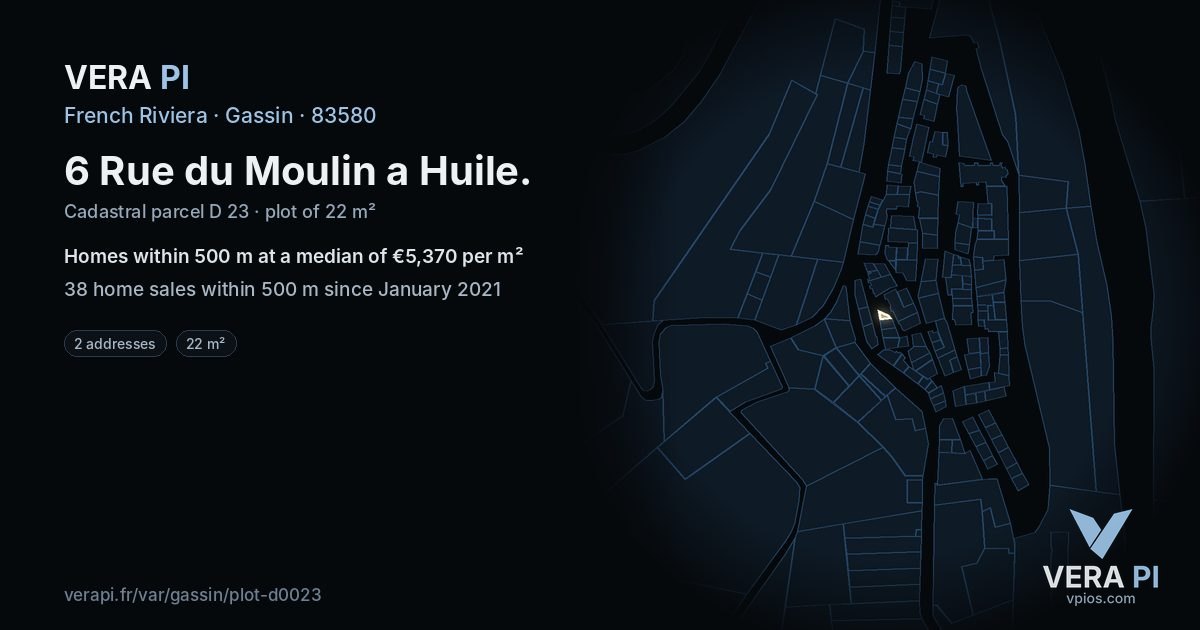 6 Rue du Moulin a Huile, Gassin at night – the plot lit, the parcels around coloured by the prices near them
