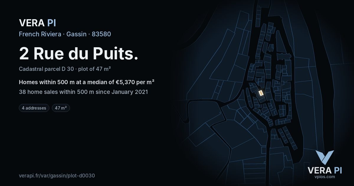 2 Rue du Puits, Gassin at night – the plot lit, the parcels around coloured by the prices near them