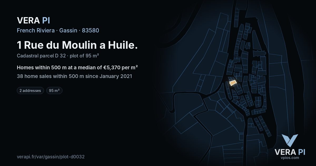 1 Rue du Moulin a Huile, Gassin at night – the plot lit, the parcels around coloured by the prices near them