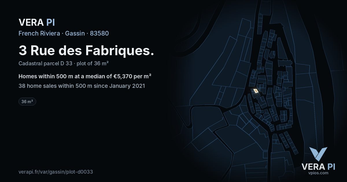 3 Rue des Fabriques, Gassin at night – the plot lit, the parcels around coloured by the prices near them