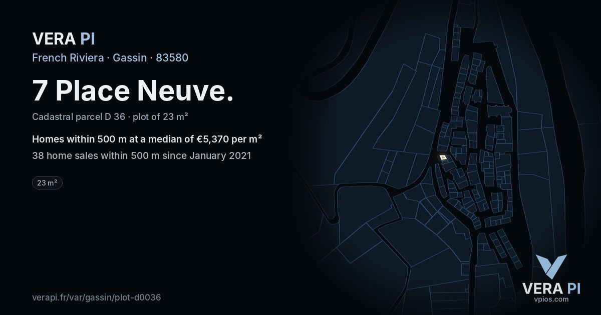 7 Place Neuve, Gassin at night – the plot lit, the parcels around coloured by the prices near them